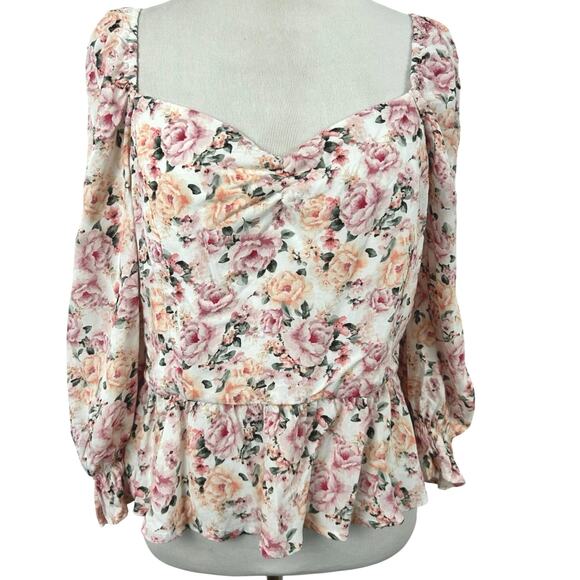 Francesca's Tops - Mi Ami Francesca's Floral Peplum Blouse L Puff Sleeve Tie Back Cottagecore